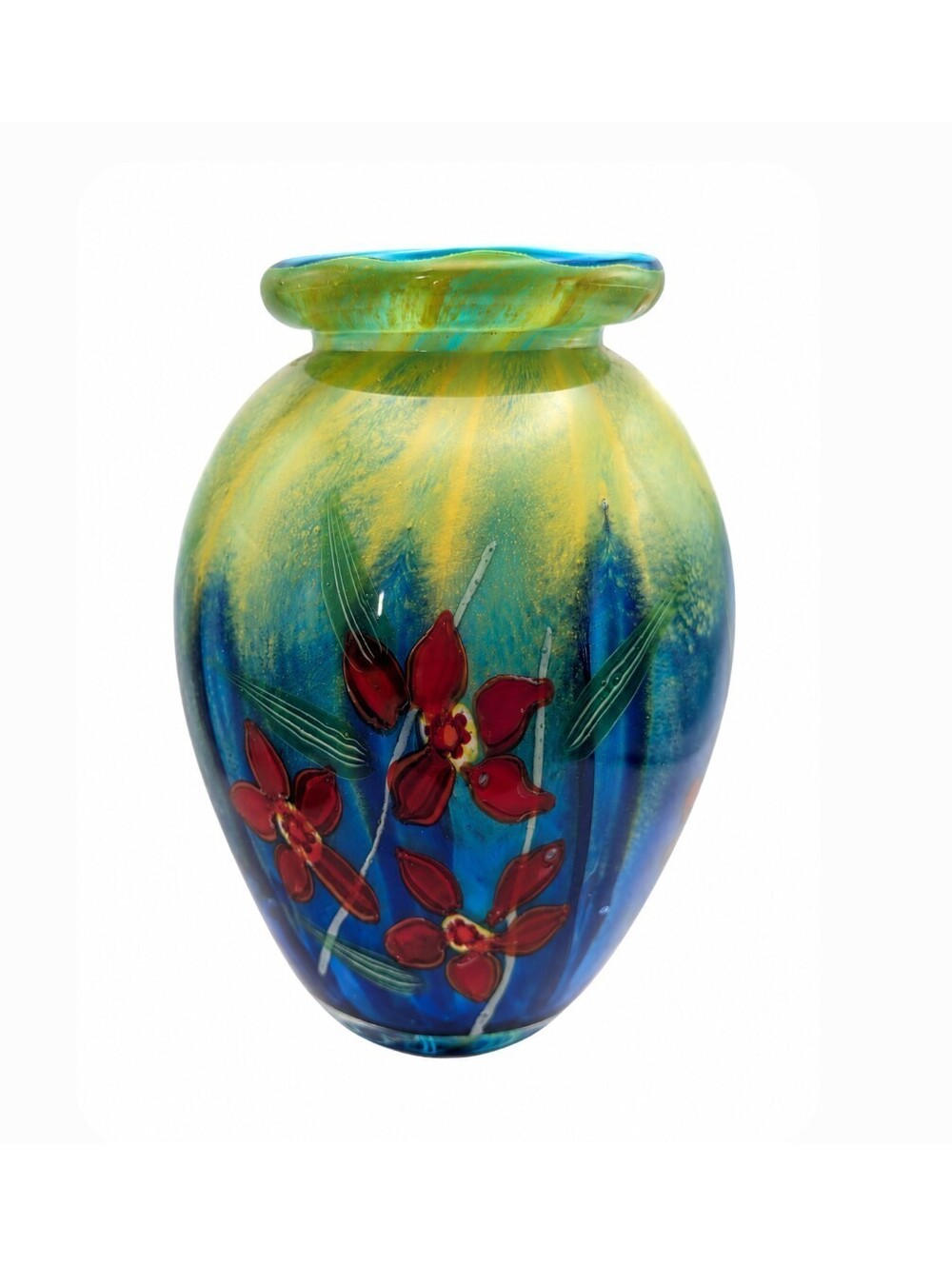 Heavy Hand Blown Art Glass Vase 9" 6.5 Lb Blue Green Red Floral Studio Glass